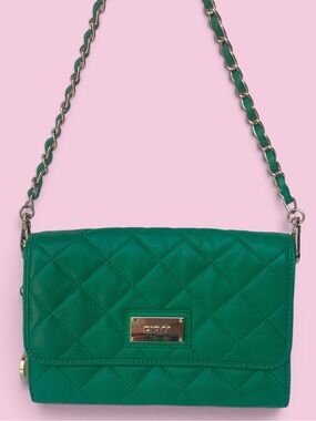 DKNY Kelly Green Quilted Leather Crossbody Bag Gold Chain Accent